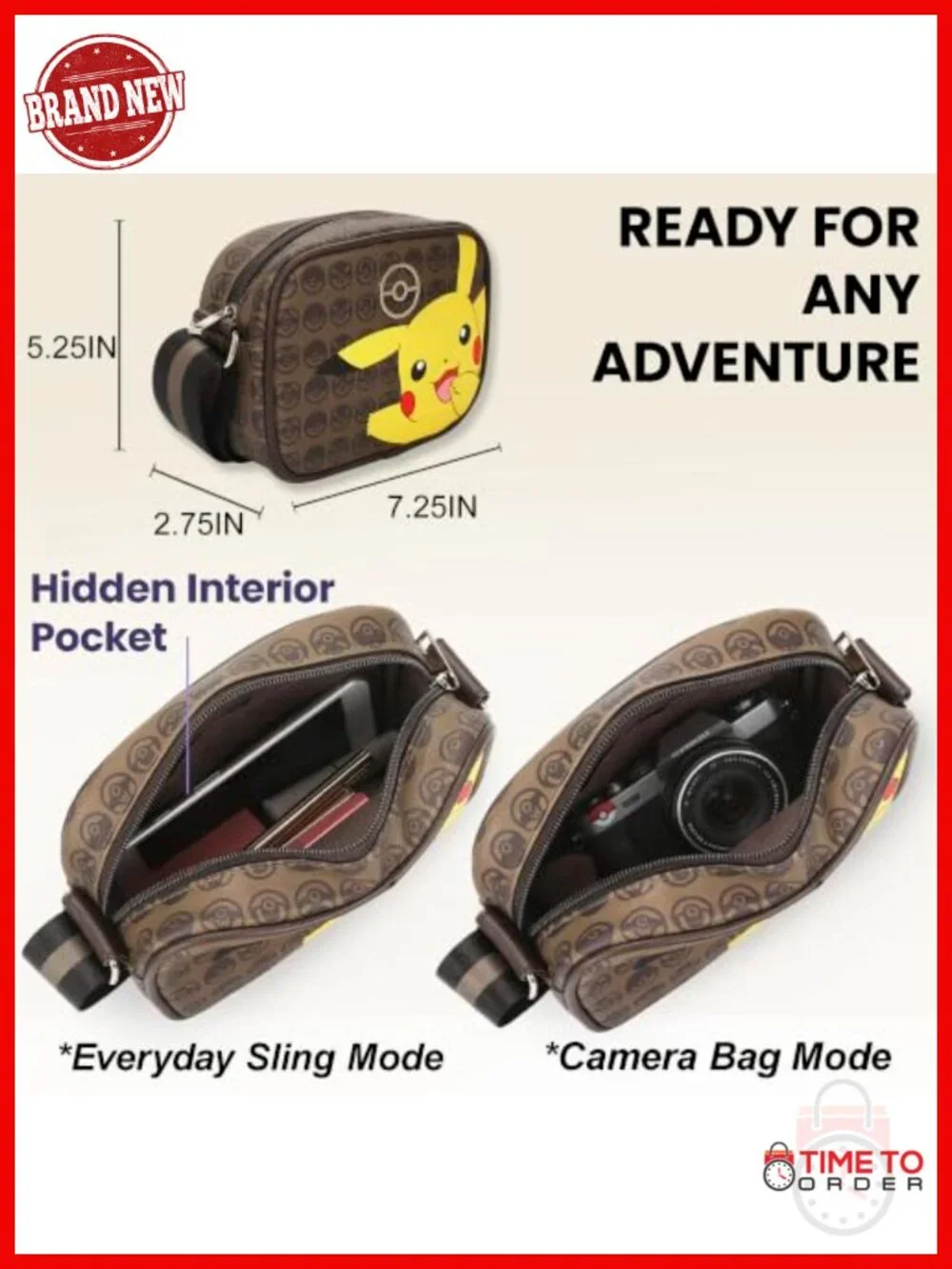 Crossbody Sling Bag with Adjustable Strap - Polyurethane Pikachu Design
